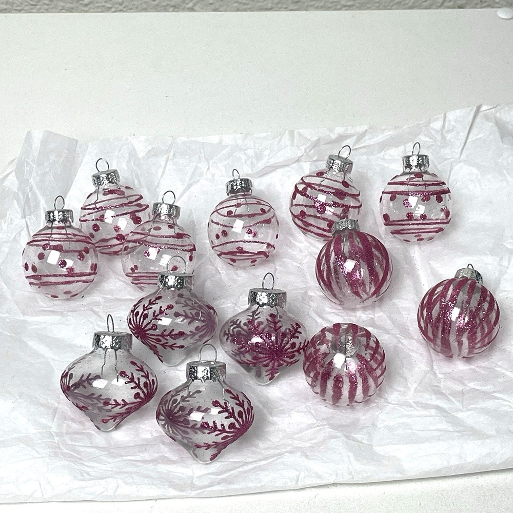 Fuchsia Pink Glitter Clear Glass Mini Christmas Ornaments Set of 13